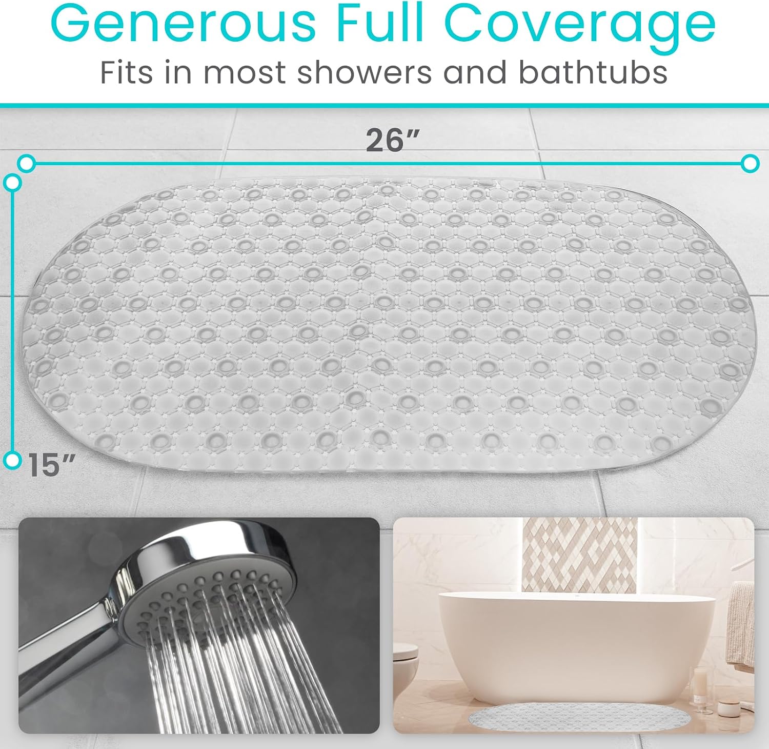 Vive Oval Bathtub Mat - Nonslip Shower Floor Pad - Non-Slip and Non-Skid for Bath Tub with Strong Rubber Suction Cup Grip - for Baby, Elderly, Kids, Bathroom (Gray)