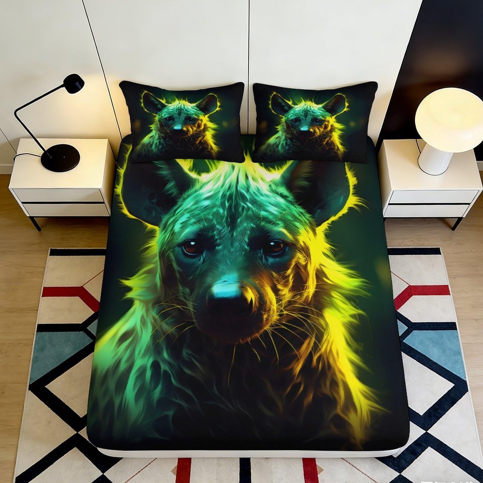 3D Printed Neon Hyena Fitted Sheet Microfiber Soft Bedroom Decor Animal Art Mattress Cover for Home Dorm 90x200x25cm
