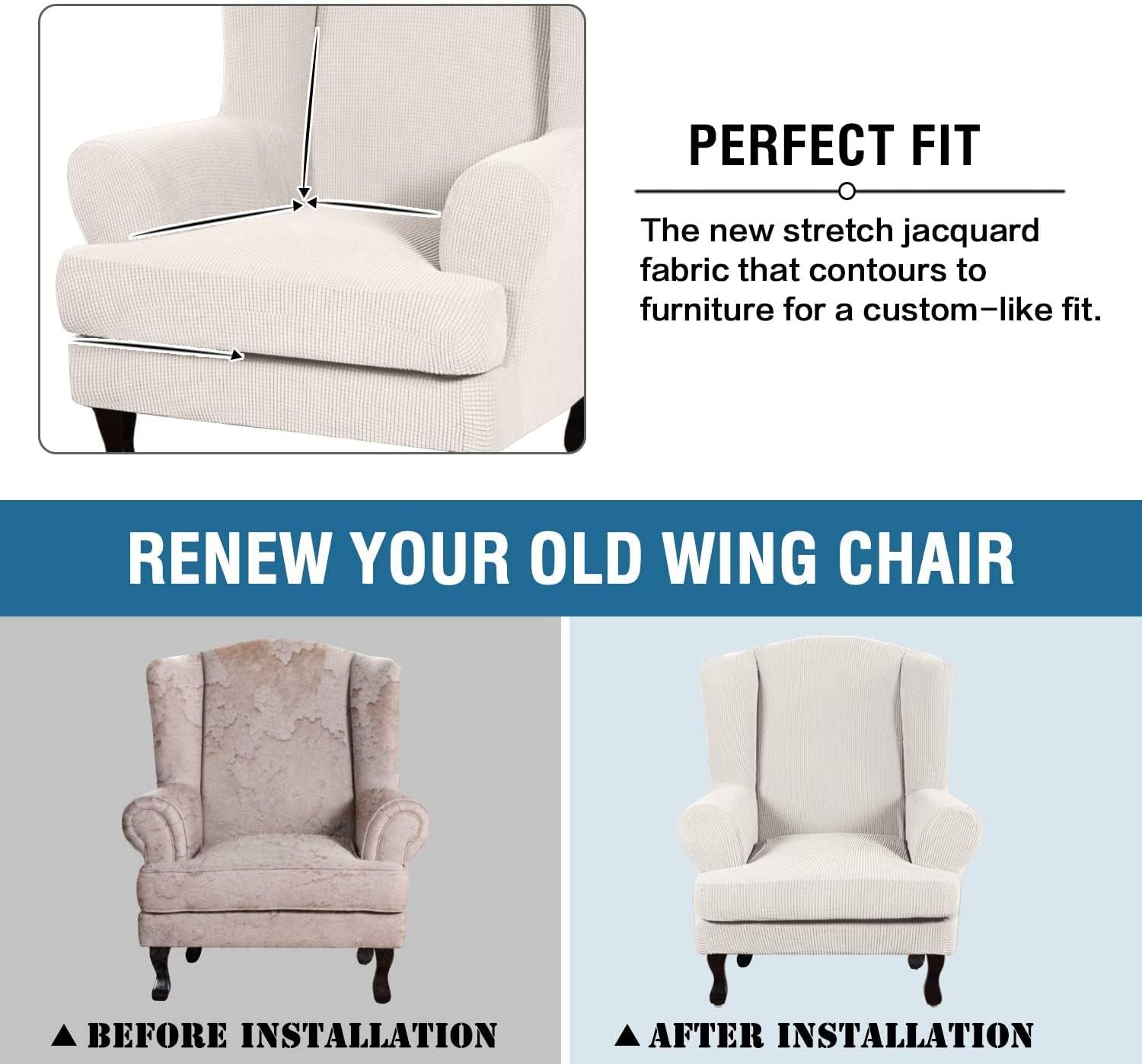 2 Piece Stretch Jacquard Wingback Chair Covers Slipcovers Wingback Armchair Slipcover Washable Furniture Protector Couch Soft with Elastic Bottom Form Fitted Thick Soft (Ivory)