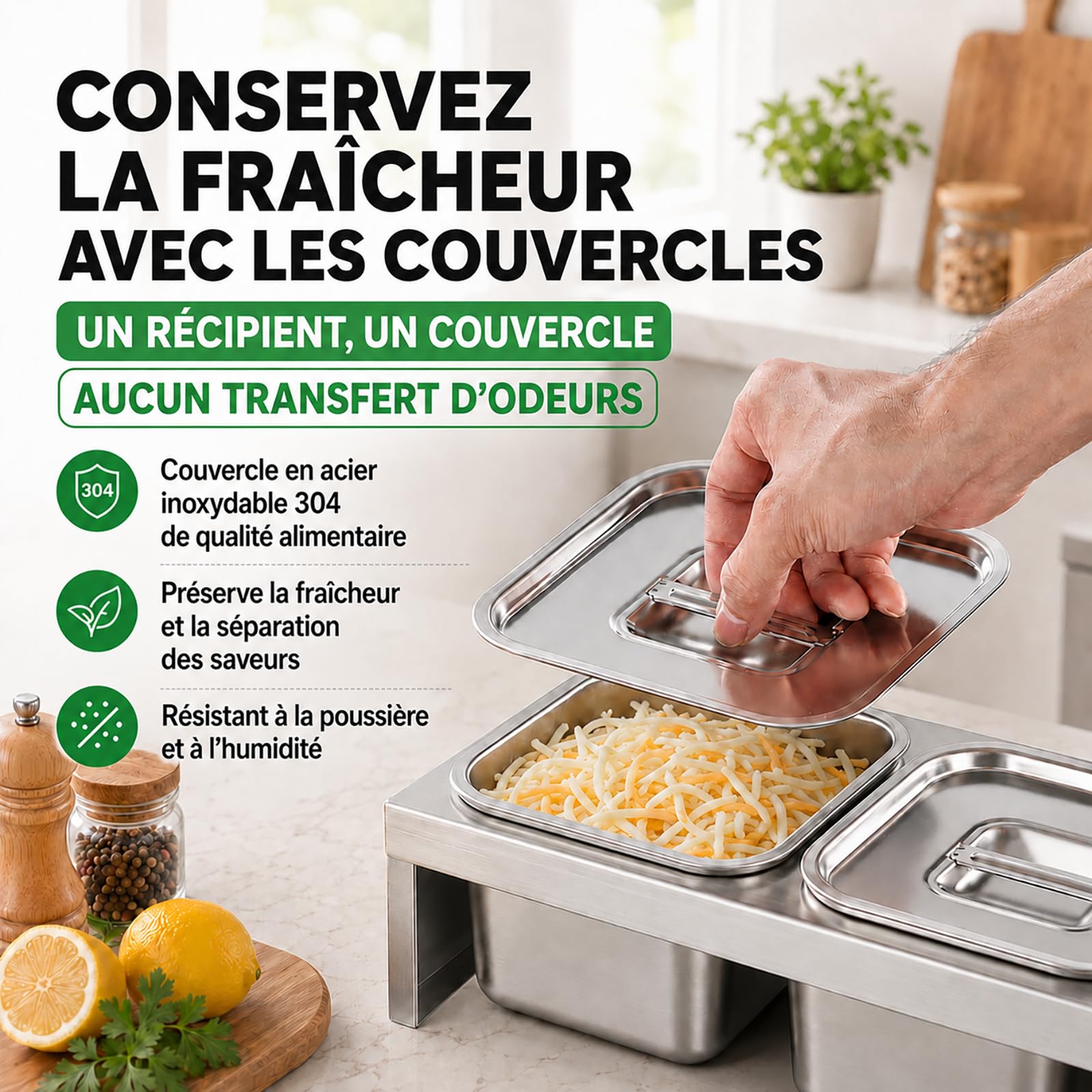 Bac Gastro Inox 6 x 2 L avec Couvercle et Cuillère – Boîte Inox Alimentaire pour Pizza, BBQ, Sauces & Légumes – Récipient Professionnel pour Cuisine, Restaurant & Traiteur
