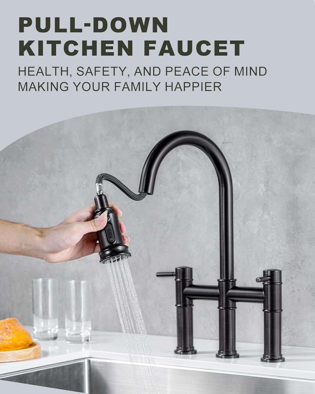 Bridge Faucet for Kitchen Sink: iVIGA Oil Rubbed Bronze Farmhouse 3 Hole Kitchen Faucet with Pull Down Sprayer - 2 Handle High Arc Brass Faucet with 360° Swivel, with Supply Lines