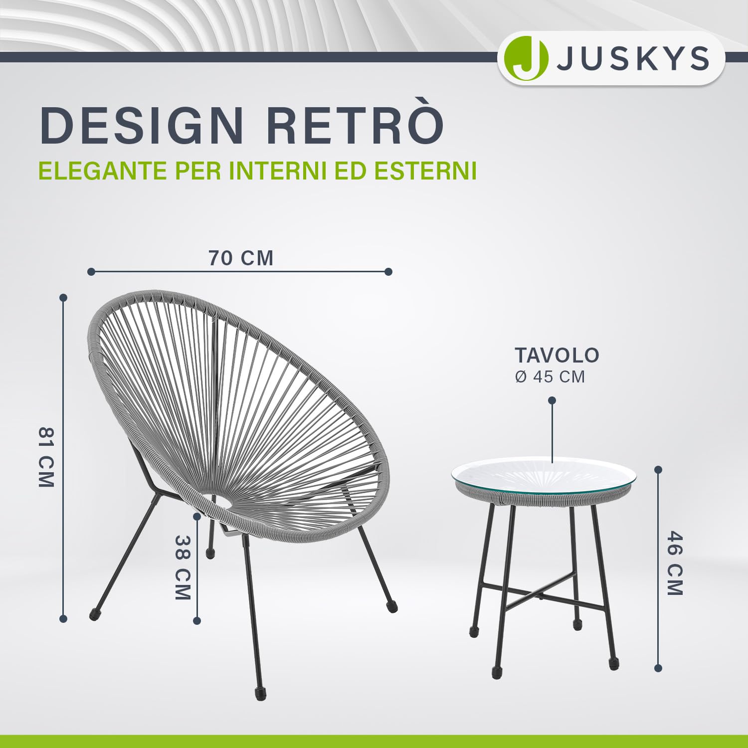 Juskys Set di mobili da balcone Ostana 3 pezzi - Tavolo e 2 poltrone - Elegante gruppo di seduta per balcone, terrazza e giardino - Set di mobili da giardino per balcone Grigio chiaro