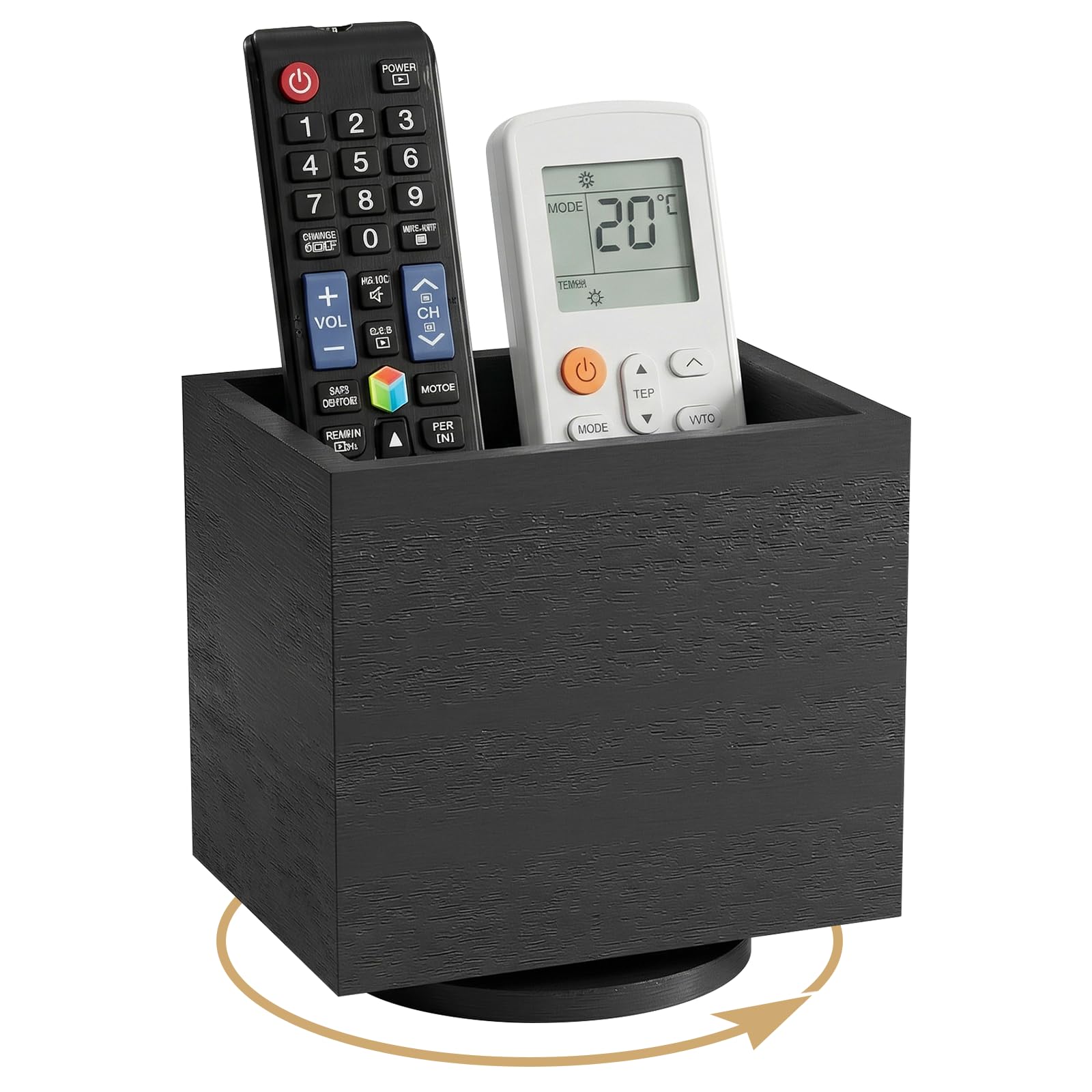 VACONICO 360° Rotating Remote Control Holder, Wooden TV Remote Holder for Table, Desk Organizer Caddy Media Storage Box for Living Room, Nightstand, Couch (Black)
