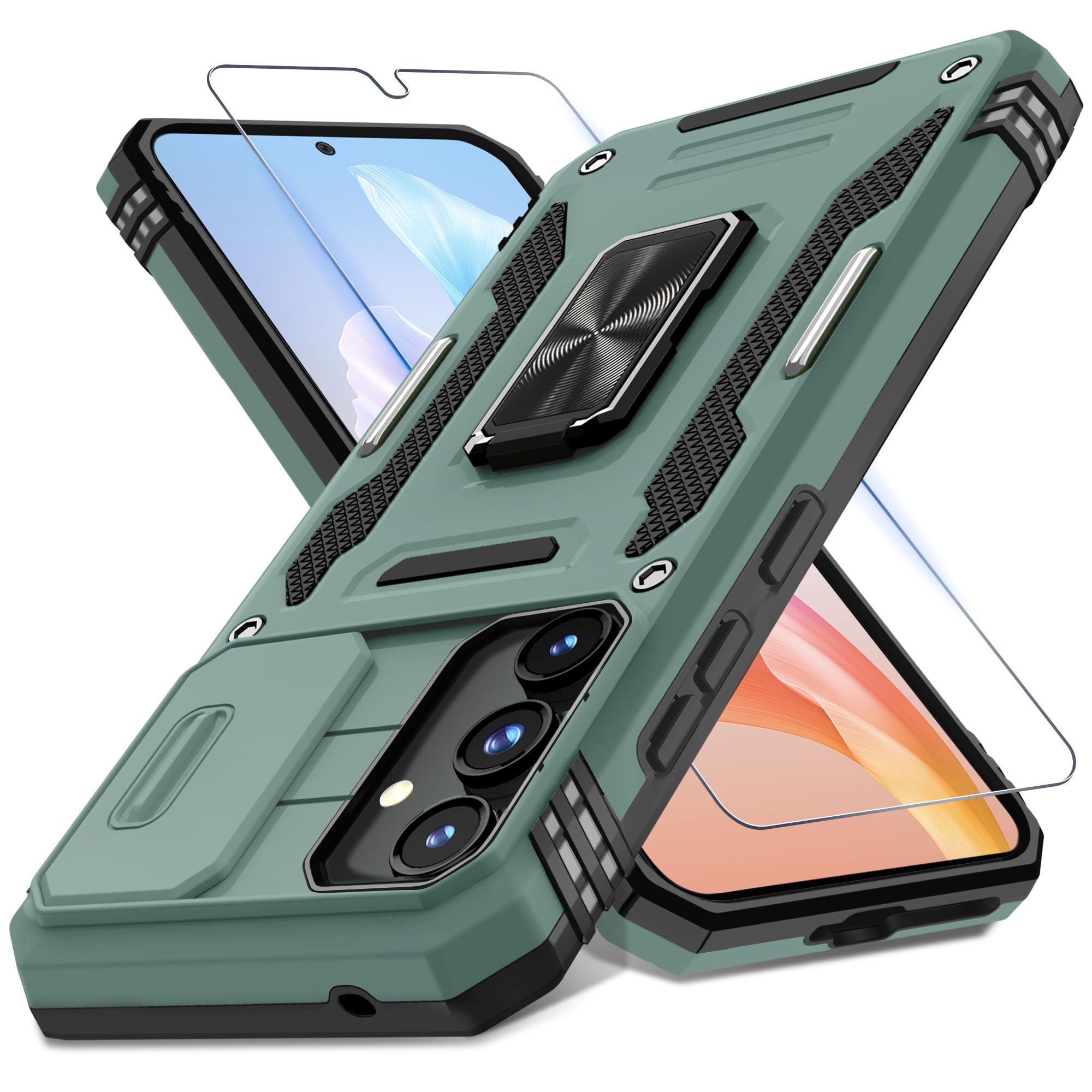 DEERLAMN Case for Samsung Galaxy A35/A55 5G with Slide Camera Cover+Screen Protector (1 Pack), Rotated Ring Kickstand Military Grade Shockproof