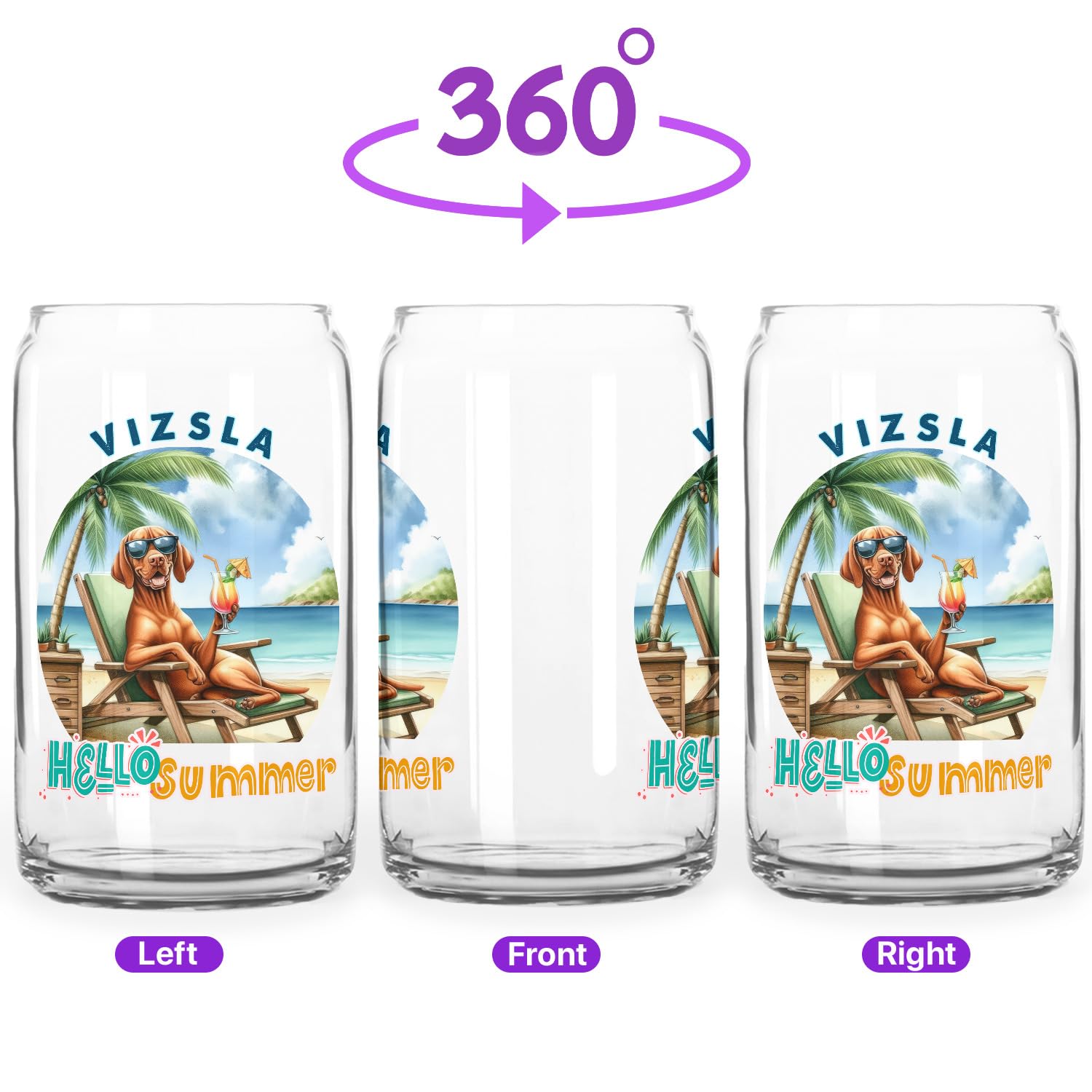 Personalized Custom Name Vizsla Hello Summer Beach Theme with Sunglasses and Tropical Cocktail Glass Cup Mug Vizslas Dog Lover Gifts Idea 16oz Glass Can - 009