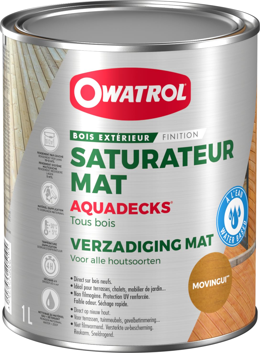OWATROL - AQUADECKS - Saturateur Mat Bois Extérieur - Teinte Movingui - 1L