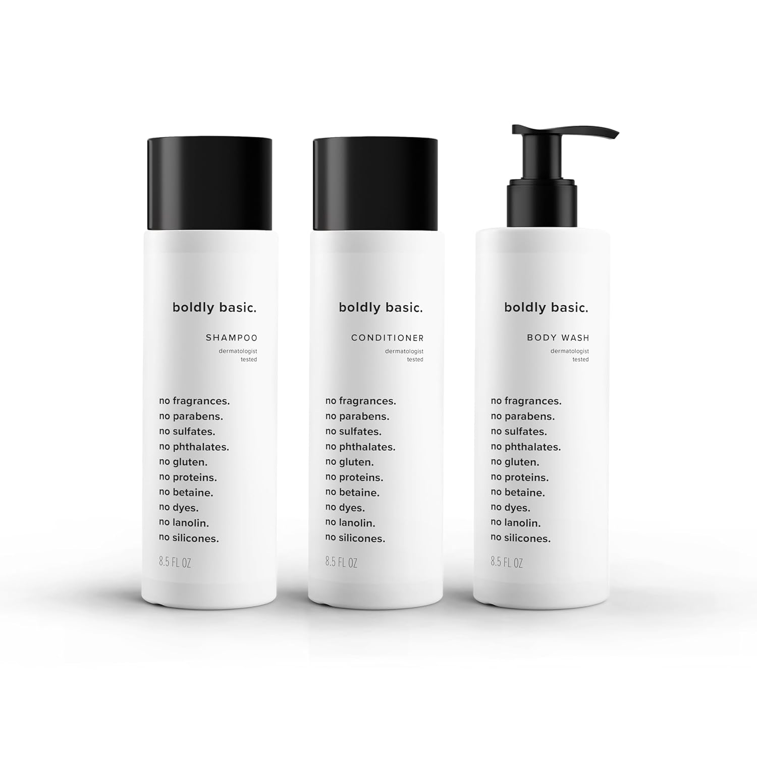 Boldly Basic Fragrance Free Shampoo, Conditioner and Body Wash - Gentle on Sensitive Skin and Hair - Unscented - Dermatologist Tested - No Sulfates, Parabens or Gluten - Hypoallergenic