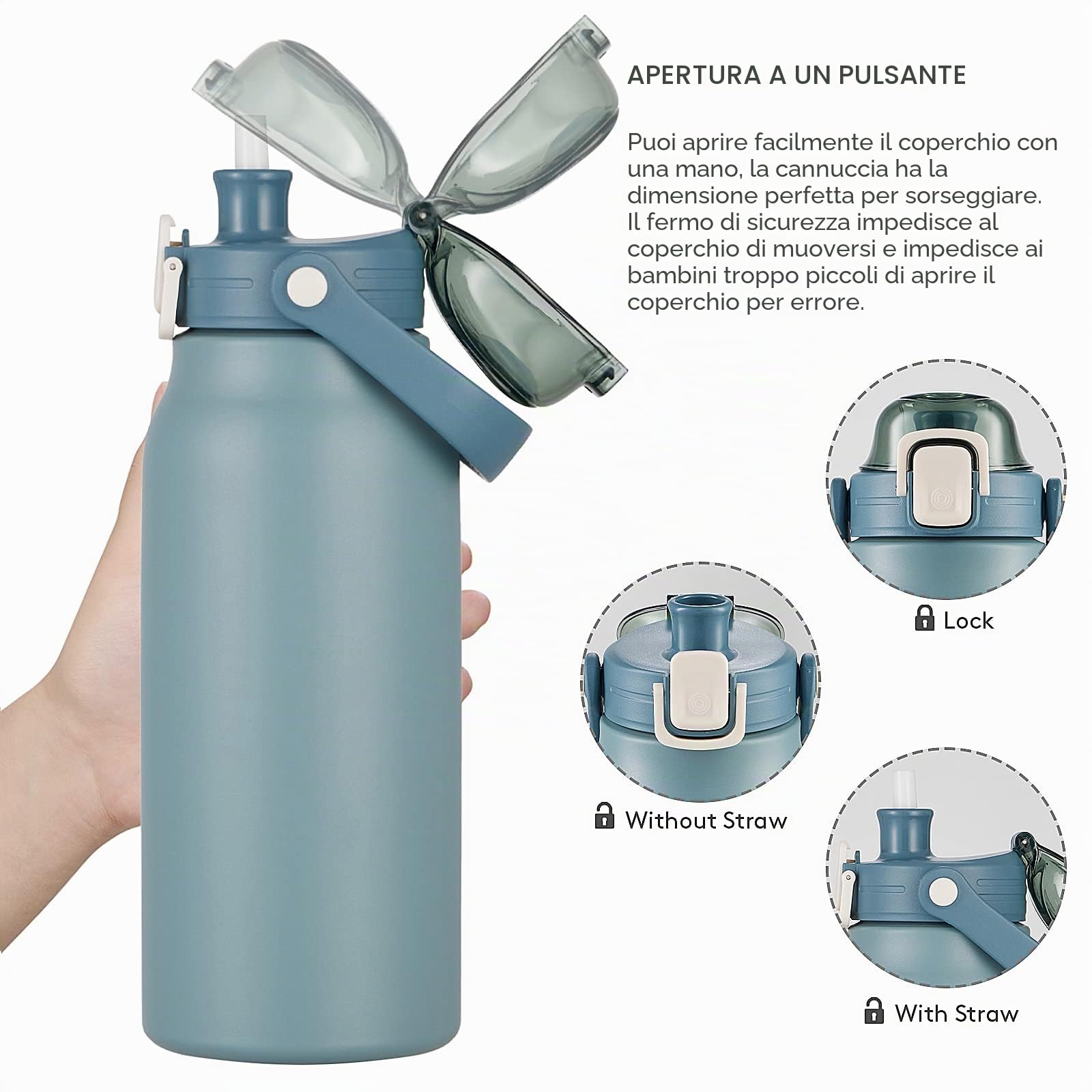 Borraccia Termica 1.7 litro Bottiglia Termica Senza Perdite Borraccia Palestra Sportiva in acciaio inox, rimanere fredde 24h o calde 12h, Senza BPA, per Sport, Yoga, Ciclismo