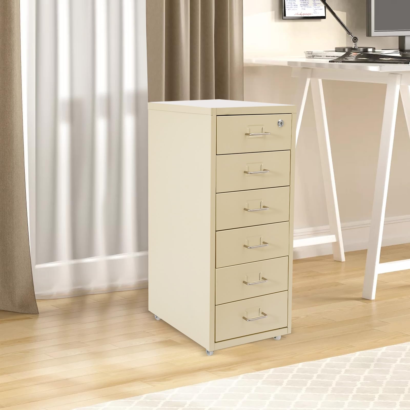 Abschließbarer Schrank Schreibtisch Unterschrank Rollcontainer mit Schubladen 6 Stufen Schubladenschrank Aufbewahrungsschrank Metallschrank Blechschrank für Büro, Arbeitszimmer (Beige)