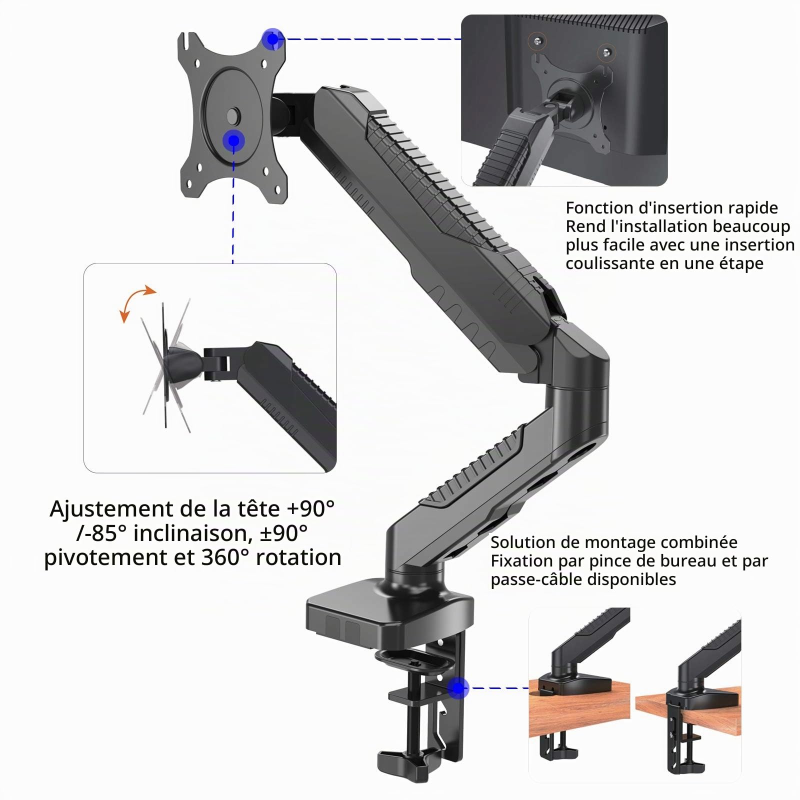 HFTEK - Support de Bureau pour écran pc LCD LED de 15"-34" - VESA de 75 x 75/100 x 100, C Clamp Équipé, Ressort à Gaz, Ergonomique Hauteur Réglable, Charge Max 9kg (HF12GMCB)