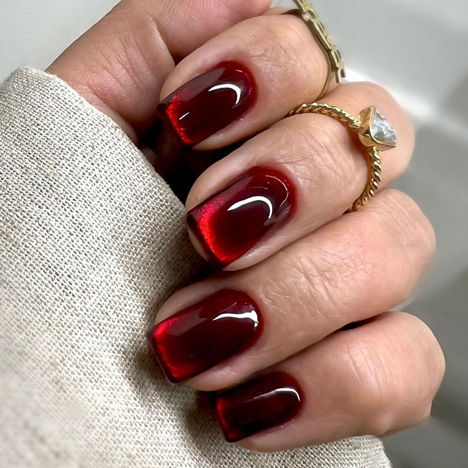24Pcs French False Nails, Wine Red Elegant Press on Nails with Cat Eye Design, Short Square Fake Nails