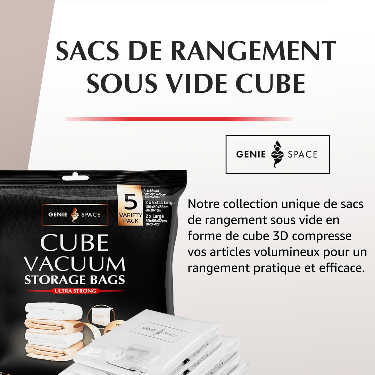 GENIE SPACE Sacs Sous Vide Cube Premium pour Vêtements, Literie et Rangement, Pack Variété 5 (1 Maxi + 2 XL + 2 L), Hermétiques, Réutilisables et Anti-Odeur, Gain de Place, Lot avec Pompe de Voyage