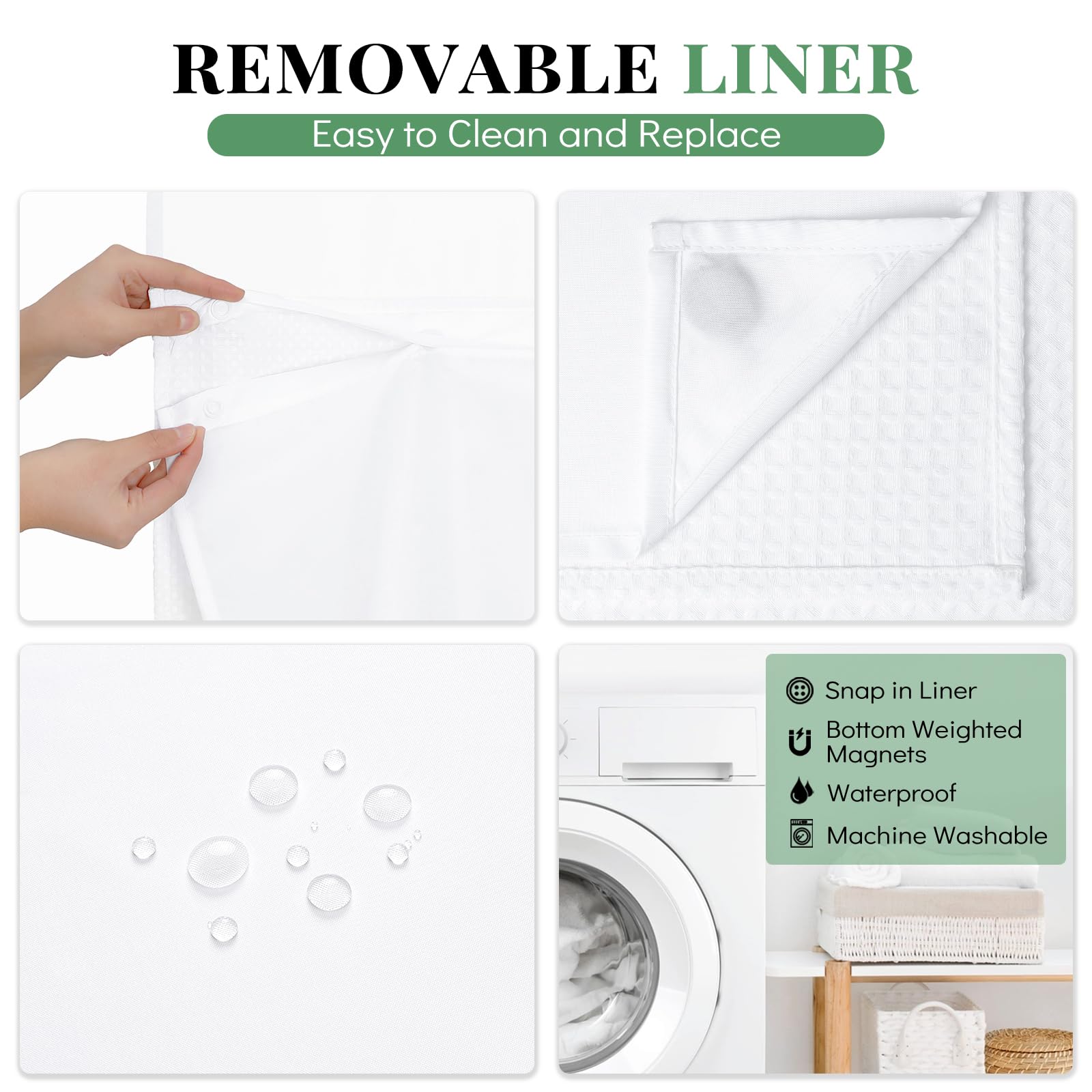 Dynamene Cortina de ducha de 78 pulgadas de largo, cortinas de ducha altas de tela gofre para baño, juego de cortina de ducha de tela impermeable con ganchos, forro a presión, ventana superior de