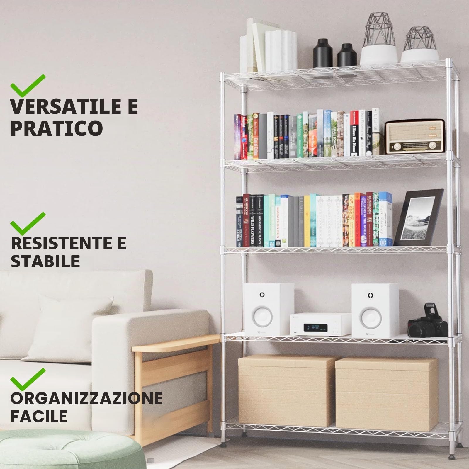 KARAT Scaffale in metallo decorativo e robusto, scaffale per cantina per bagno, cucina, ufficio, interni ed esterni (90x60x200-chrome-himalaya: ⌀ 25mm)
