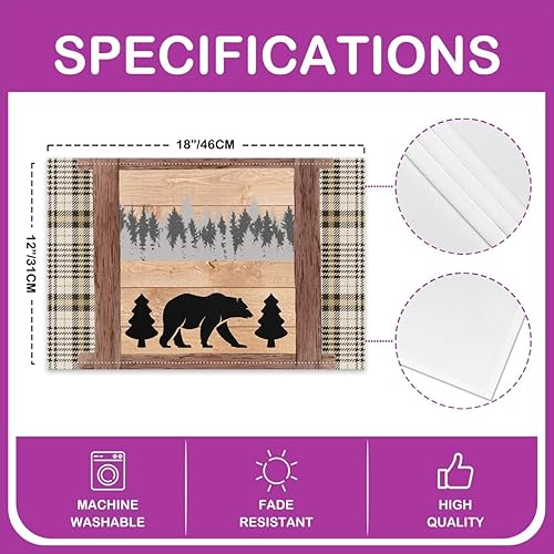 Miniatura 4 de Juego de 4 manteles individuales para mesa de oso, diseño rústico de animales salvajes, 12 x 18 pulgadas, para mesa de cocina, tablero de madera