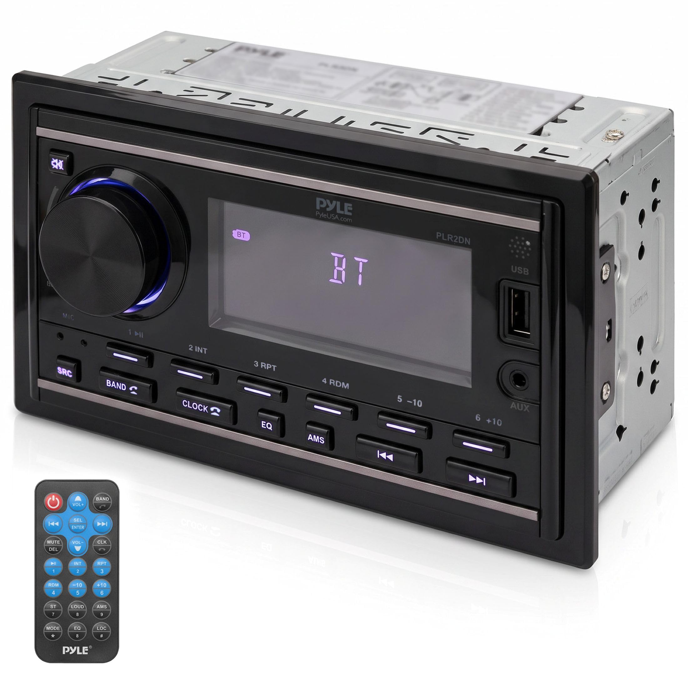 Pyle Boat Bluetooth Marine Stereo Receiver - Marine Head Unit Double DIN Stereo Receiver Power Amplifier - Hands-Free Calling, LCD, AM/FM/MP3/BT/USB/AUX - Remote Control, Wiring Harness - Pyle PLR2DN-image-0