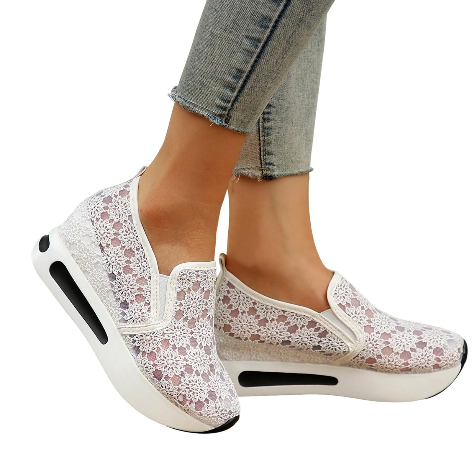 Wedge Floral Shoes Mesh Fashion Sneakers for Women Slip On Breathable Walking Shoes Women's Casual Embroidery Platform Sneakers Comfort Work Shoes