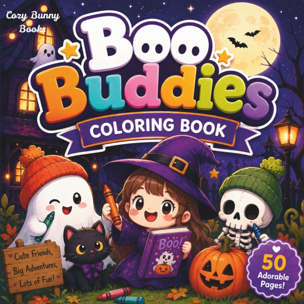 Boo Buddies Coloring Book: 50 Cute and Spooky Halloween Coloring Pages for Kids Featuring Friendly Ghosts, Witches, Skeletons, Pumpkins, Bats, and ... Adventures (Halloween Coloring Book Series)