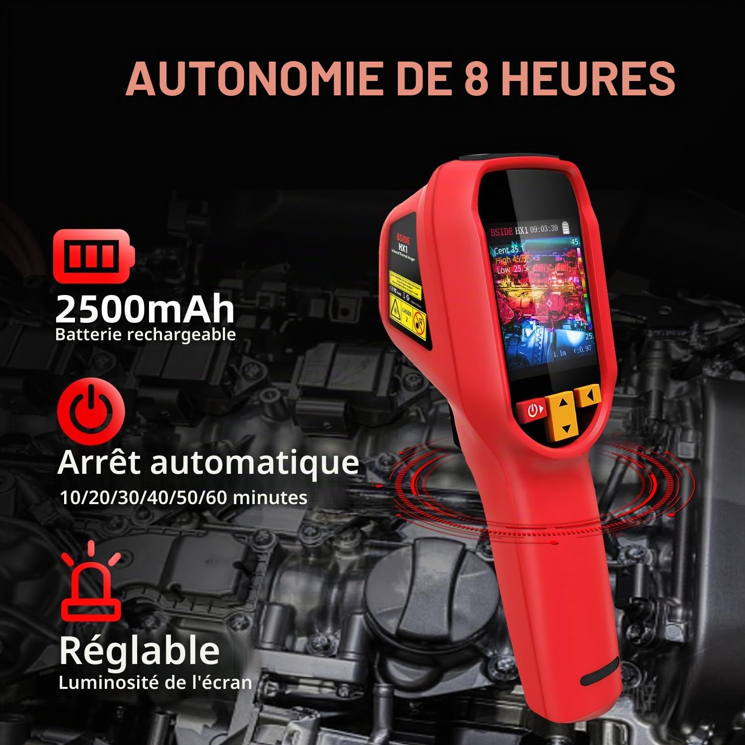 BSIDE HX1 Caméra thermique 240×240 Résolution 15 Palettes de couleurs infrarouge Imageurs thermiques -4°F à 1022°F 25Hz portable Camera thermique avec pointeur laser 8h Autonomie de la