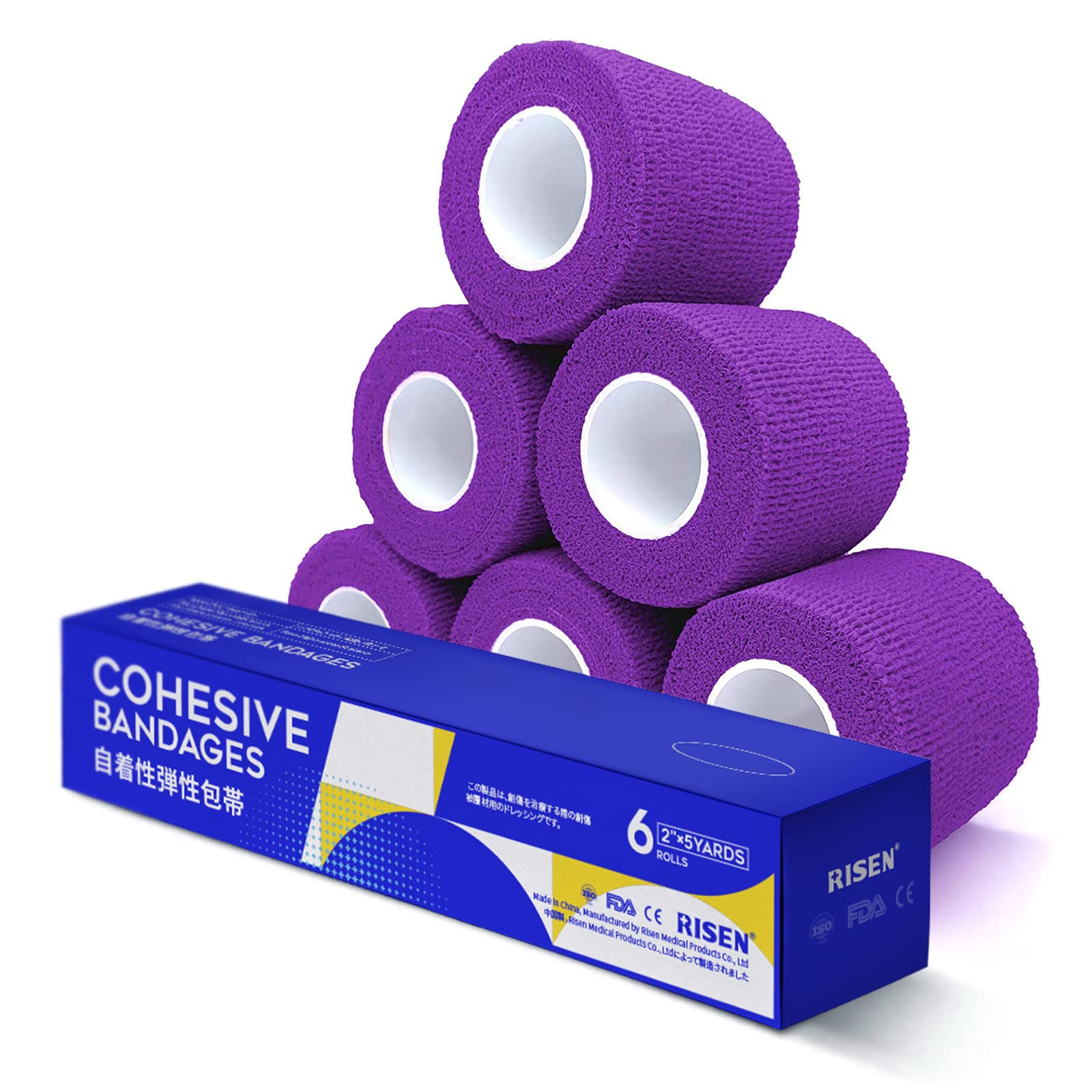 RISEN Cohesive Bandage 2” x 5 Yards, 6 Rolls, Self Adherent Wrap Medical Tape, Adhesive Flexible Breathable First Aid Gauze Ideal for Stretch Athletic