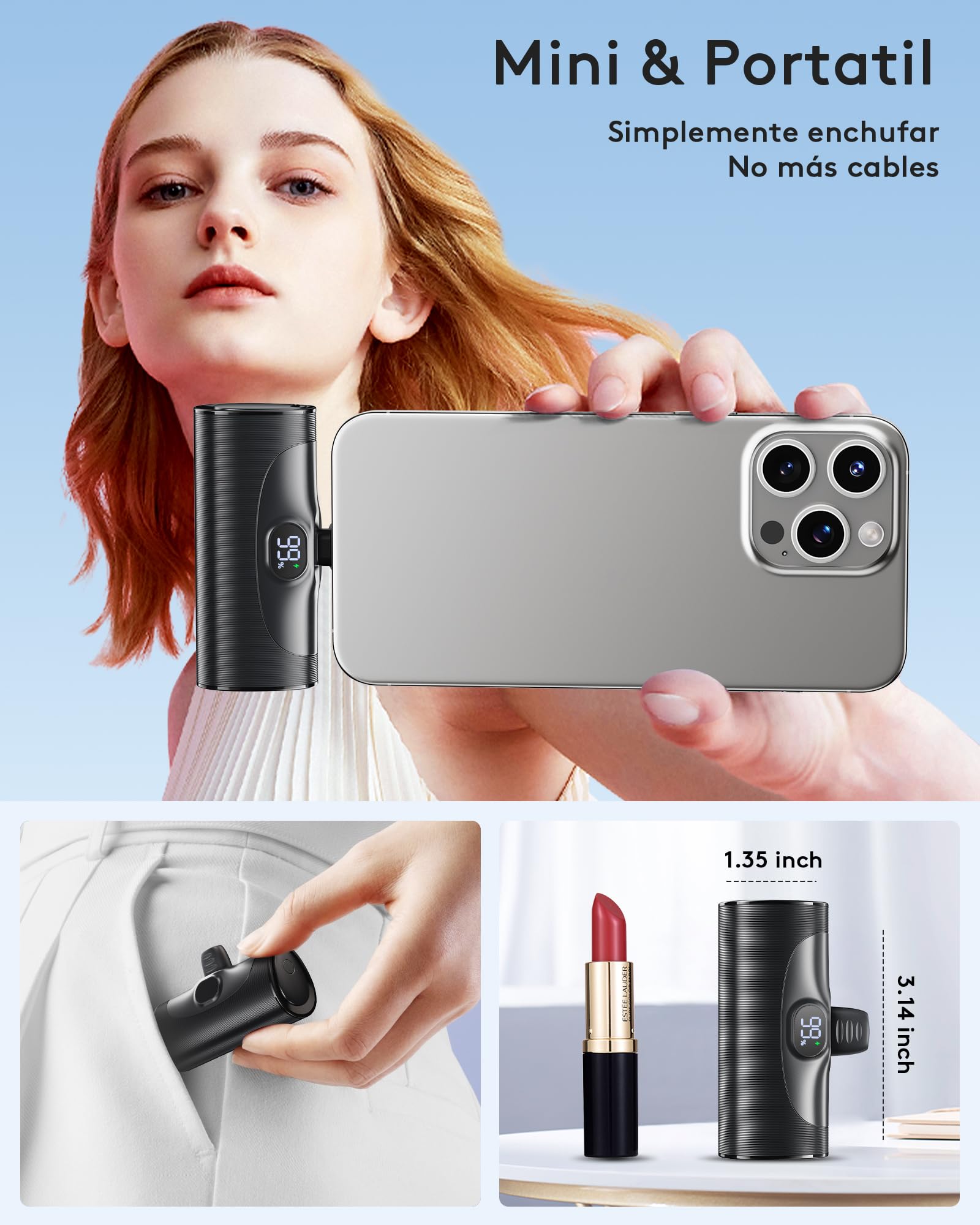 Mini Universal Bateria Externa Carga Rapida Power Bank, 5000mAh Cargador Portatil Movil con Soporte Integrado, Powerbank Conector USB-C Plegable Compatible Samsung iPhone 15/16/17 Android etc (Negro)