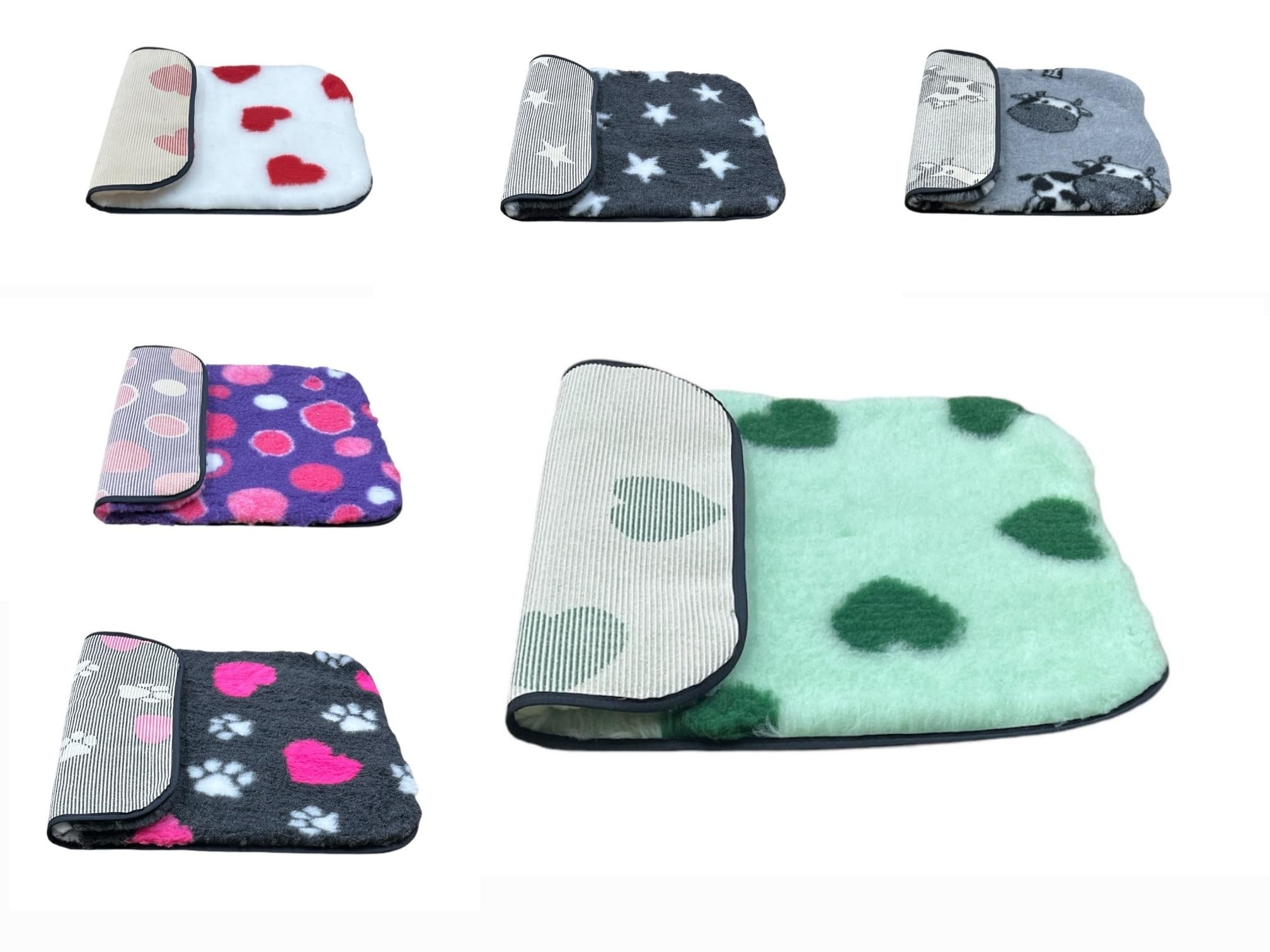PnH Veterinary Bedding® NON SLIP Classic Range, Vet Bedding, Bound Edges For Strength - Dog Bed Fleece in Many Colours & Sizes (Mint with Green Hearts, 100cm x 75cm)