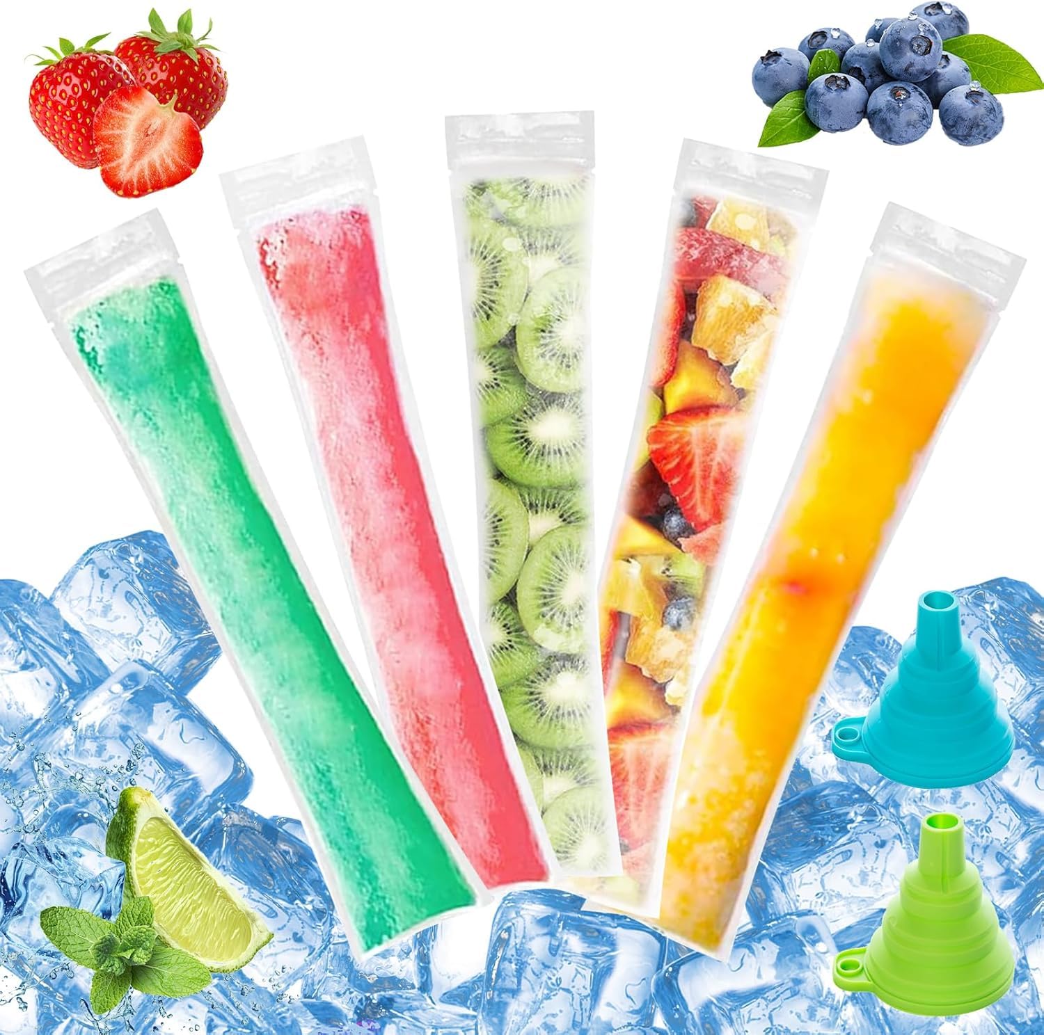 Scettar 200 Pcs Ice Pop Bags, Disposable Popsicles Moulds Bags with 2 Pcs Funnel BPA Free Ice Lolly Bag for DIY Popsicle Maker Healthy Snack Food Yogurt Sticks Juice Fruit Smoothies — image 1