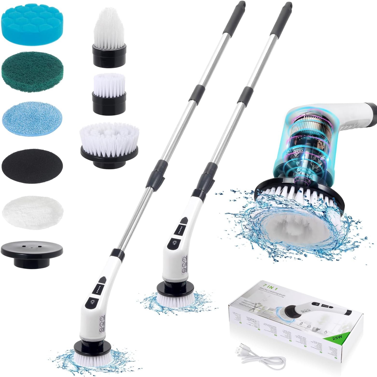 SYSAMA Electric Spin Scrubber Brush, Household Cleaning Brushes with 7 Replaceable Brush Heads, 2 Speeds Bathtub Shower Scrubber with Adjustable Extension Handles for Bathroom Kitchen Tile Floor