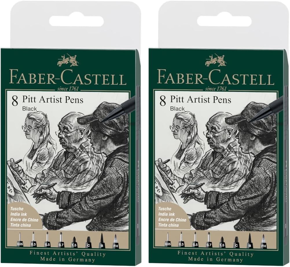 Faber-Castell PITT Artist Pen India Ink Pen - wallet of 8 - colour 199 black - XXS, S, F, M, B, C, 1.5, Fude Hard, (167158) (Pack of 2)