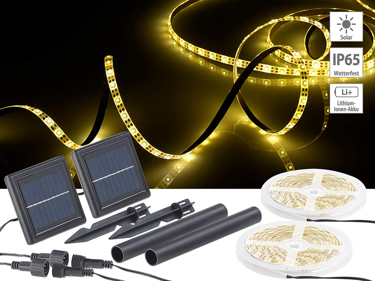 Lunartec Band Solar: 2er-Set Solar-LED-Streifen mit 180 warmweißen LEDs, wetterfest IP65 (Lichtschlauch, LEDstreifen, Teich)