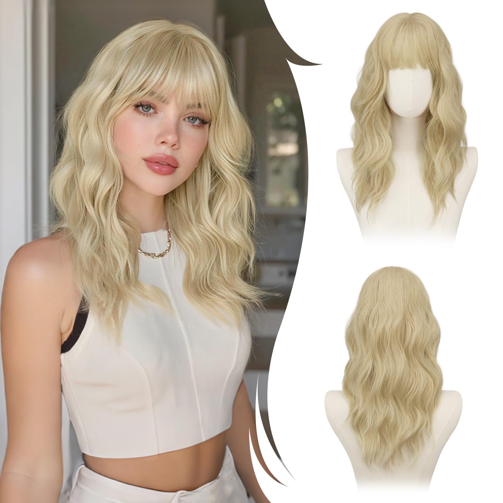 RUWISS Blond Lange Gewellte Perücke mit Pony für Damen, 20 Zoll Layered Perücke Damen, Natürlich Synthetisch Hitzebeständig Wigs für Alltag Party Cosplay Halloween