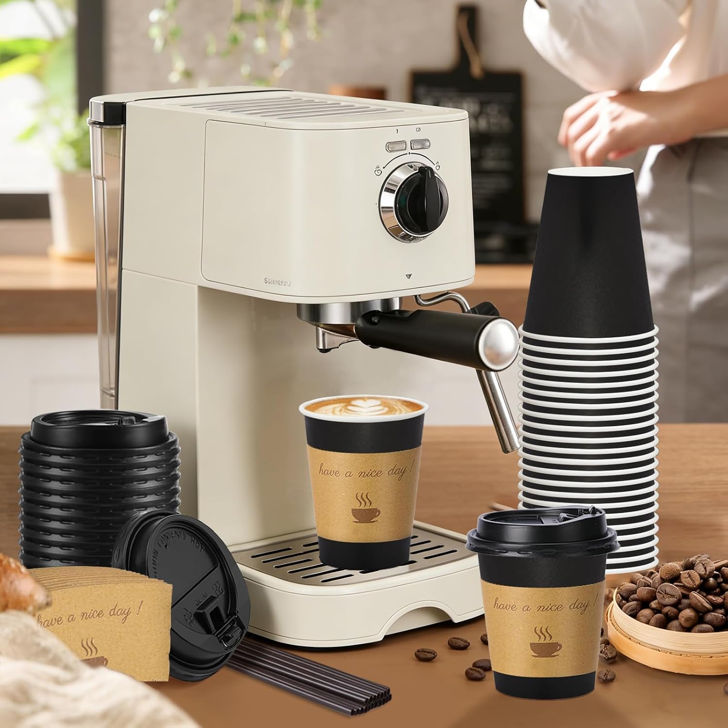 100 pack 10 oz Thickened Coffee Cups with Lids, Scald Resistant Hot Cups with Sleeve and Straw, To Go Coffee Cups for Home, Office, Cafes and Party (Black 10oz) - Image 2