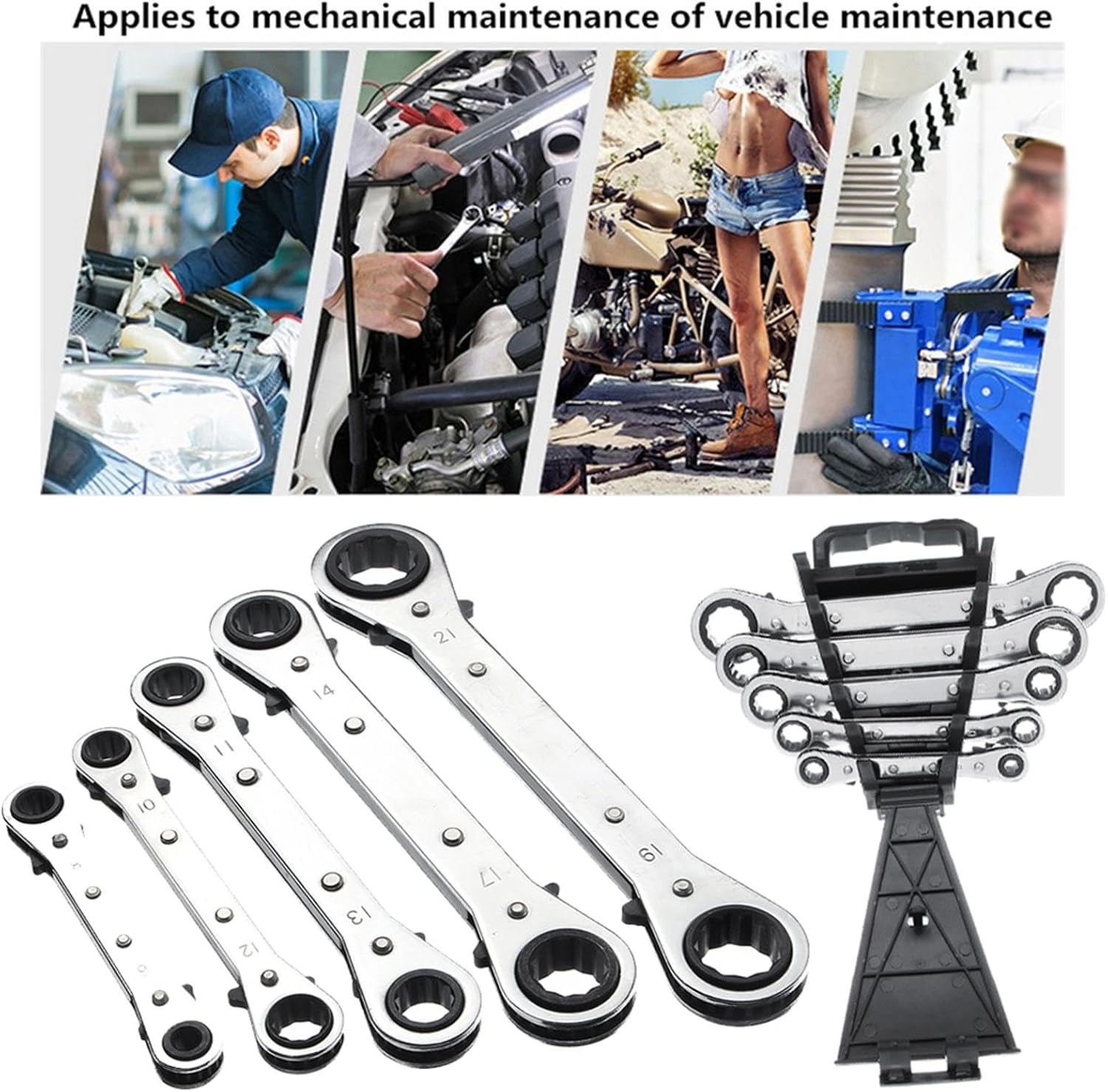 5 Pcs Double Offset Box End Reversible Ratcheting Wrench Set, Chrome Plated Wrench Socket Spanner Tool, Easy to Use