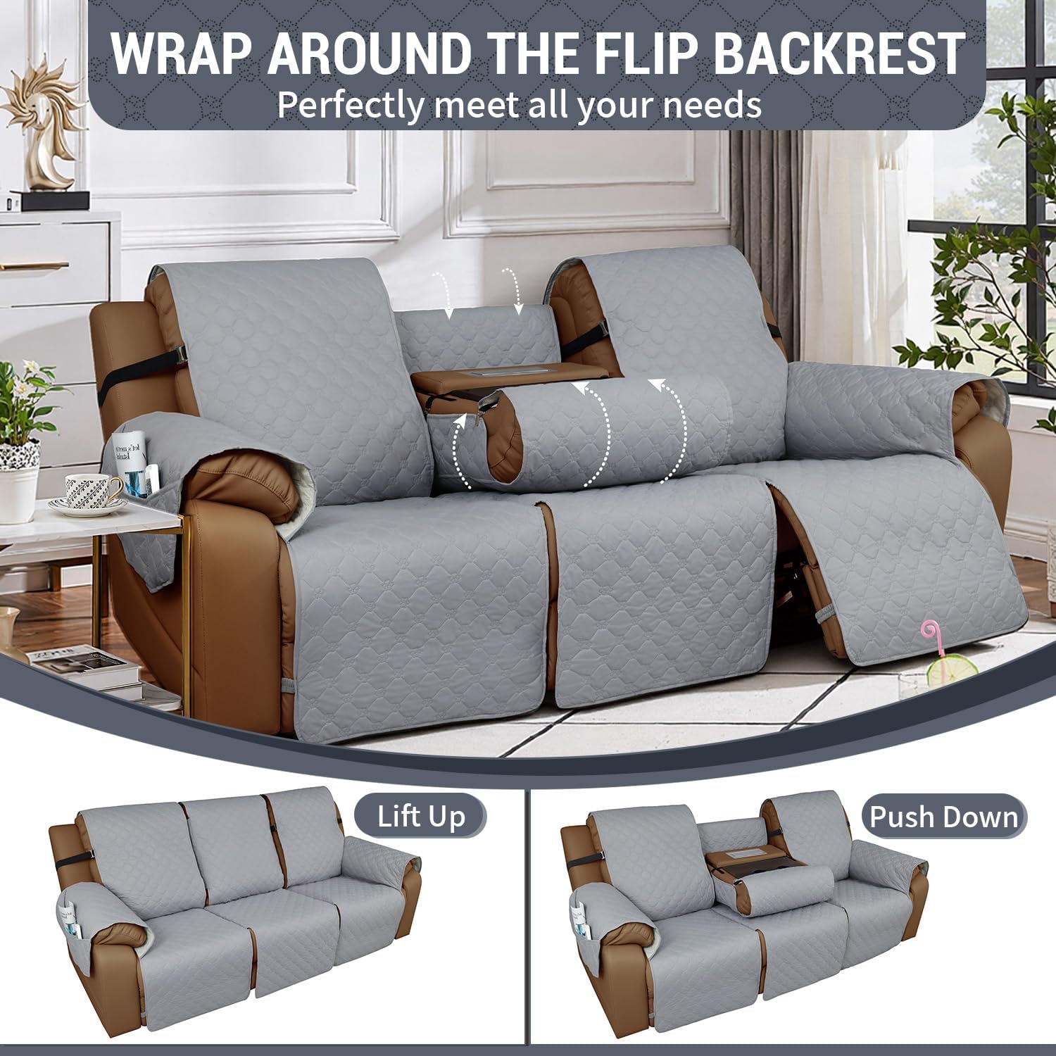 Waterproof Recliner Sofa Covers with Flipped Middle Backrest Washable Recliner Couch Covers Non-Slip with Elastic Straps Furniture Protector for Kid Dogs Pets (Light Grey)