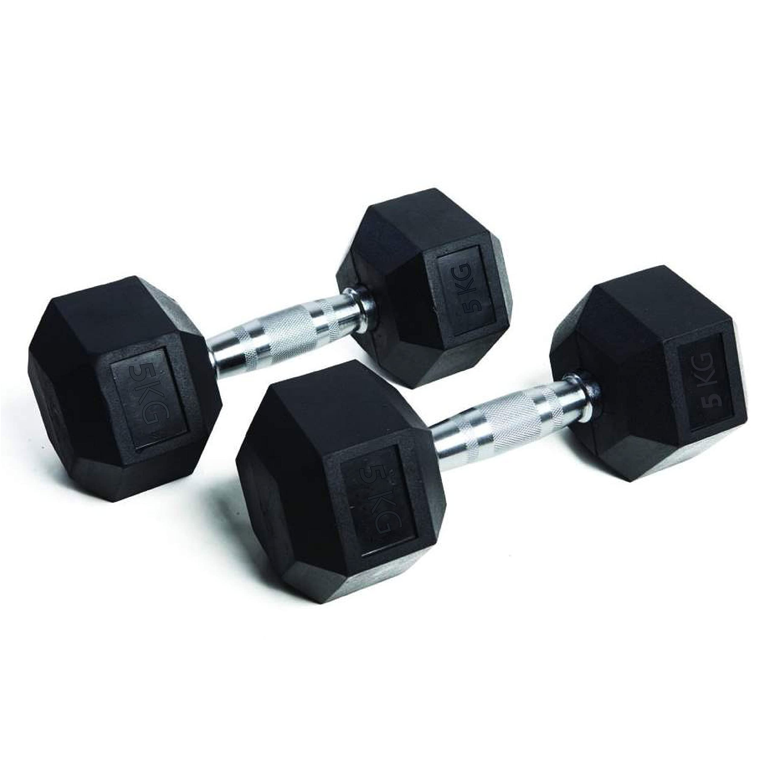 Mancuernas Hexagonales. Set 2 Unidades - 5 Kg, Mancuernas de acero y goma de Culturismo, Cross Training, Entrenamiento Funcional