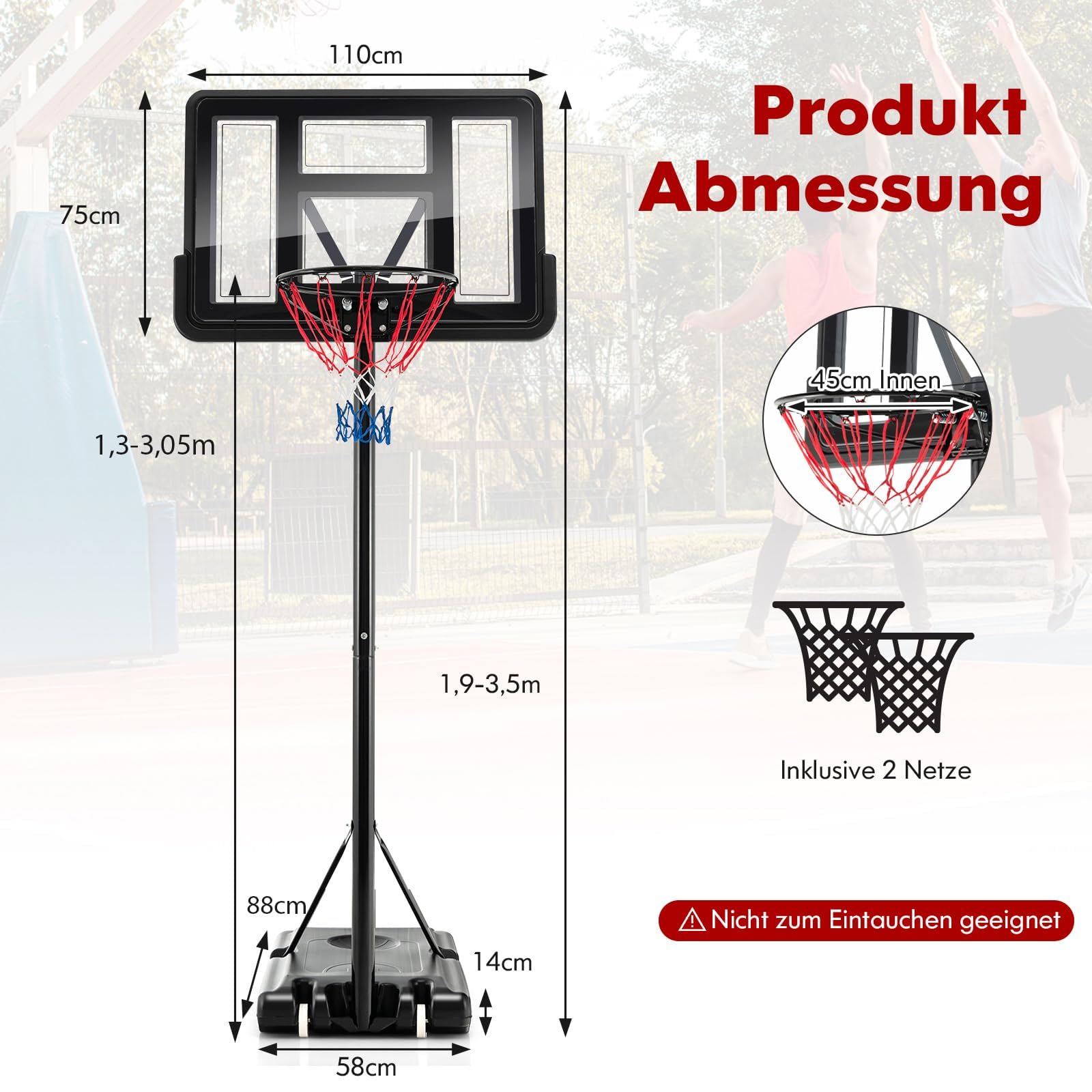 COSTWAY Basketballkorb Outdoor mit Ständer, Basketballständer 130-305 cm höhenverstellbar, Basketballanlage mit 2 Rädern & 2 Netzen, Mobile Korbanlage für Kinder, Erwachsene