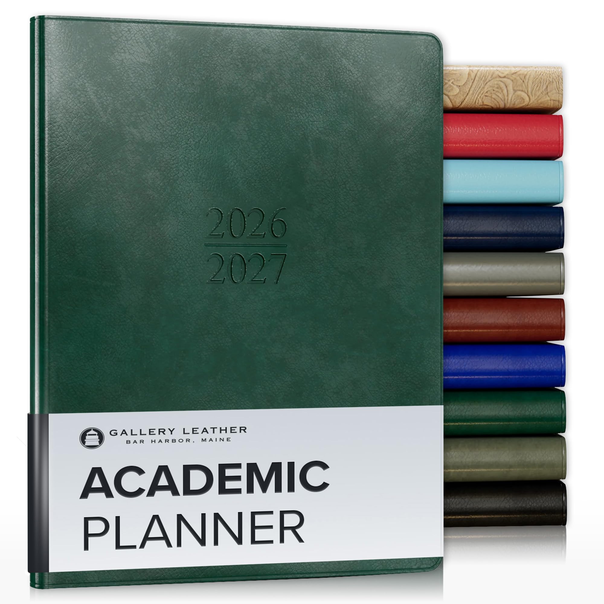 Gallery Leather Agenda scolaire 2027 semainier et mensuel pour enseignants et étudiants, élégamment relié avec bords de page dorés, 18 mois, vert acadien, 22,9 x 17,8 cm