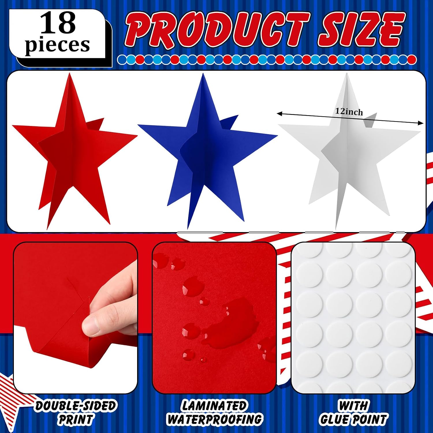 Sinload 18 Pcs 250th Anniversary Decor Patriotic Decoration Red White Blue 3D Large Stars Table Centerpiece Back to School Star Standing Decor for 250th Patriotic Veterans Day Party Decoration