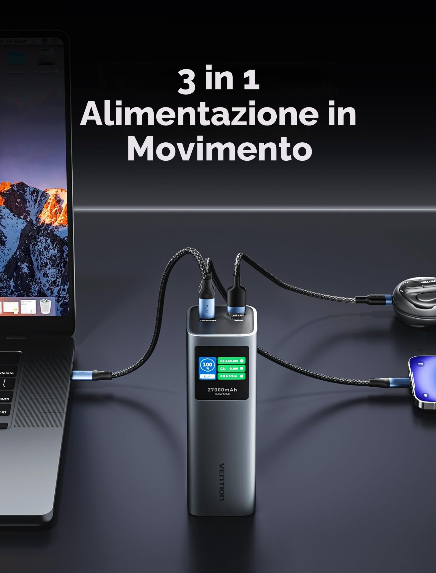 VENTION Power Bank 27000mAh 140W, Caricatore Portatile con 3 Porte, Ricarica Rapida PD3.1 e Display Digitale Intelligente, Compatibile con MacBook Pro, Dell, HP, iPhone 17/16/15/14, iPad, Galaxy S24
