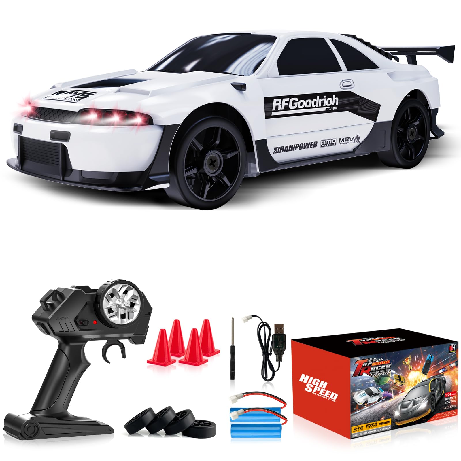 Remote Control Car RC Drift Car 2.4GHz 1:24 4WD 15KM/H High Speed Racing Sport Car with LED Lights Drifting Tire Racing Sport Toy for Adults Boys Girls Kids Gift 2Pcs Rechargeable Batteries