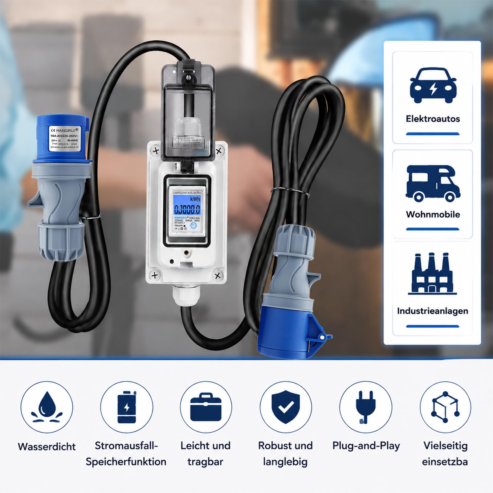 16A Mobiler Stromzähler, Stromzähler 3 Phasen, tromverbrauchsmesser mit KWH Zwischenzähler LED Reset für Elektrofahrzeuge Wohnmobile Haushalte
