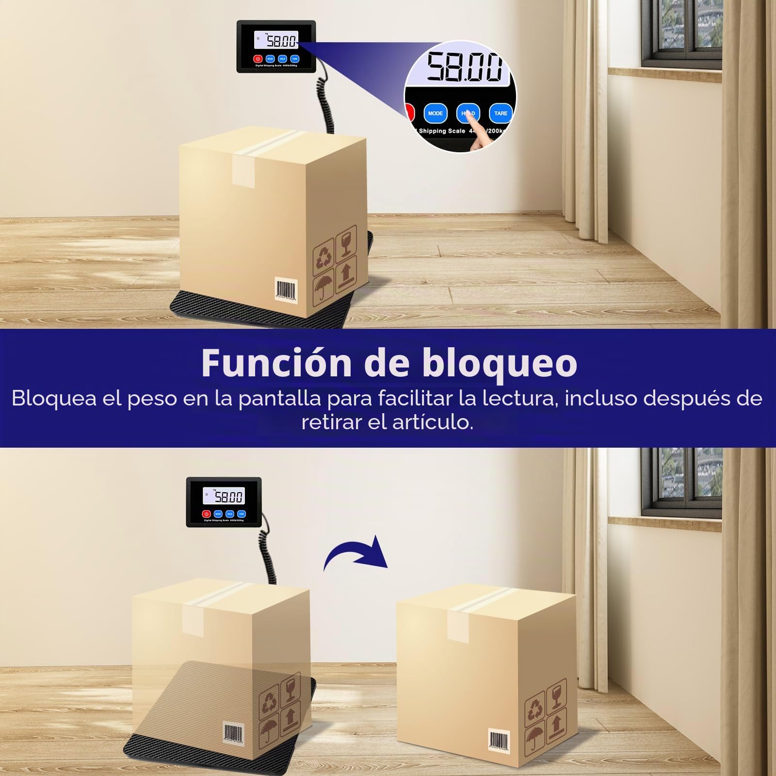 Báscula de Paquete 200KG, Báscula cocina industrial con función LCD/Hold/Tara, Balanza Postal Digital para Paquetes/Almacenes/Equipaje, pilas y alimentación USB