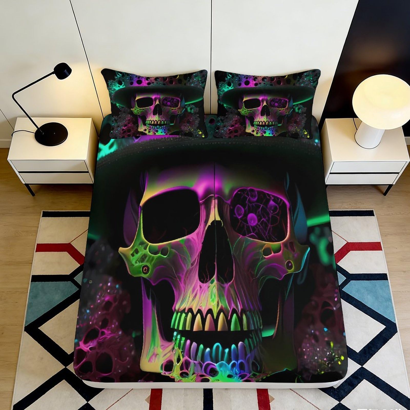 3D Printed Neon Skull Fitted Sheet Microfiber Soft Blacklight Graffiti Mattress Cover for Bedroom Dorm Easy Care 90x200x25cm
