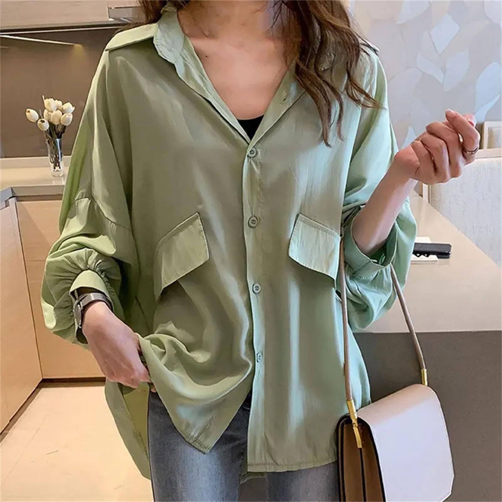 Blusa holgada de color sólido para mujer, cuello vuelto, casual, de un solo botonadura, de retazos, camisa midi