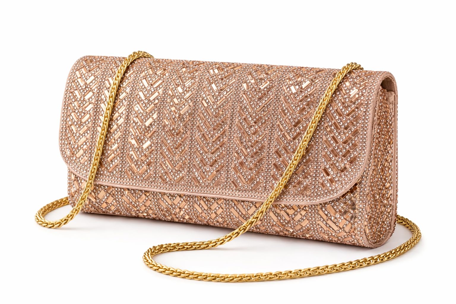 Crystal Embellished Evening Clutch for Women with Golden Chain Strap | Pink Geometric Pattern Designer Party Handbag | Elegant Wedding, Party & Occasion Sling Clutch-image-42