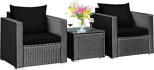 COSTWAY Juego de muebles de mimbre de ratán para patio, mesa de sofá con cojín para patio, color negro