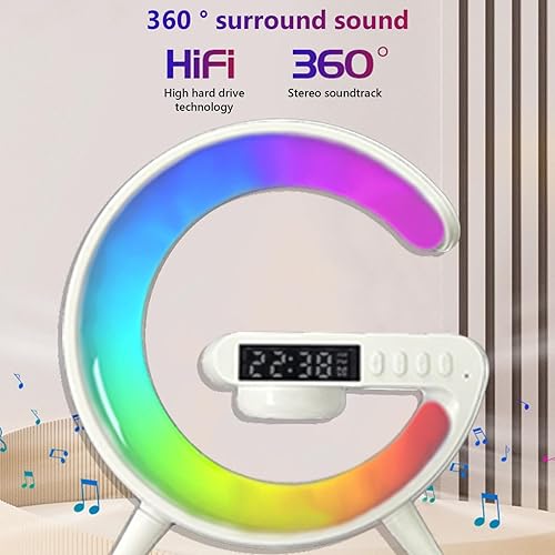 Miniatura 3 de Lámpara LED inalámbrica de luz nocturna, reloj despertador con altavoz Bluetooth, luz LED en forma de G y cargador de teléfono y lámpara de ambiente