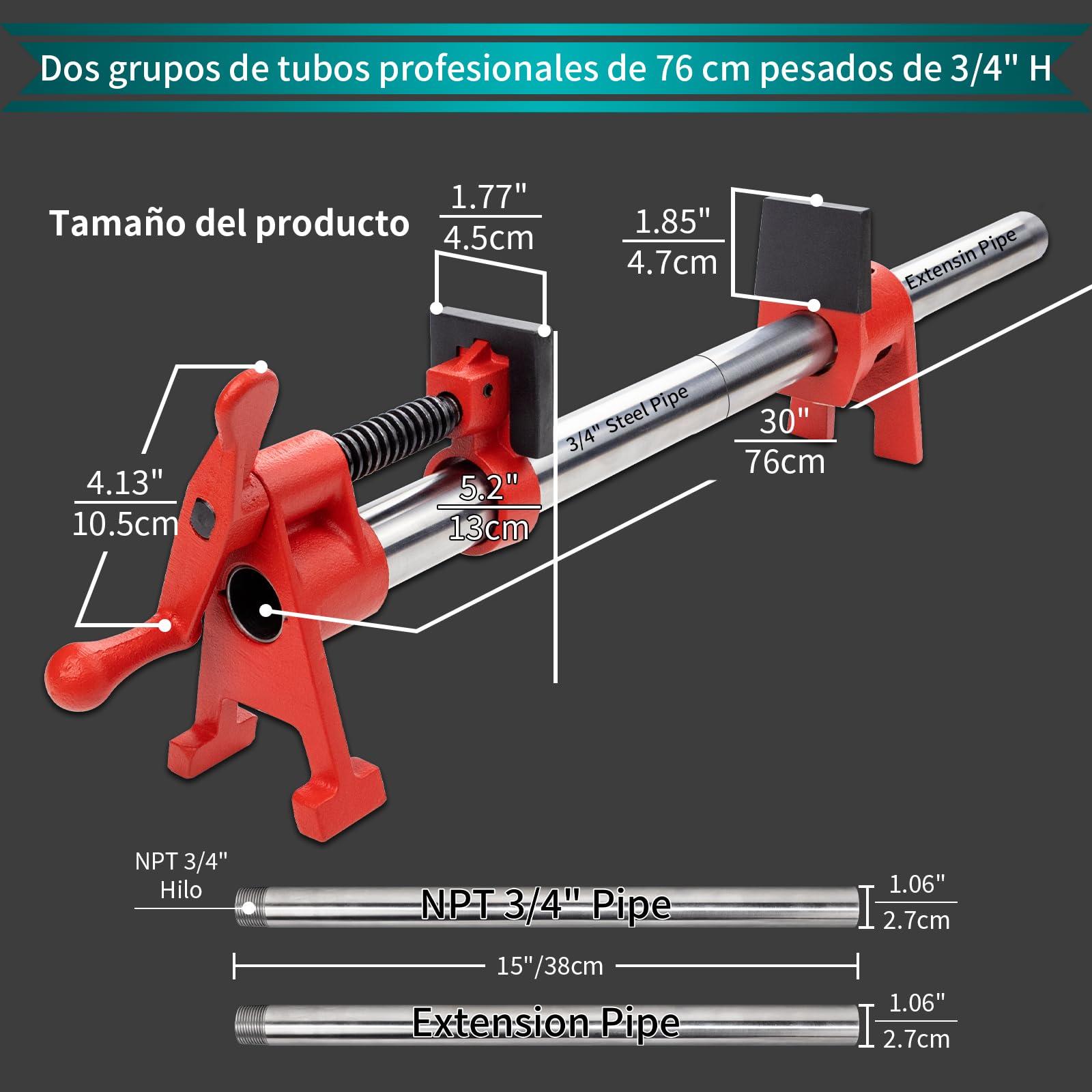 Juego de abrazaderas de tubo para pegar madera de 3/4 pulgadas estilo H profesional con tubo de acero de 76 cm. Límite de carga resistente de 800 kg, para carpintería