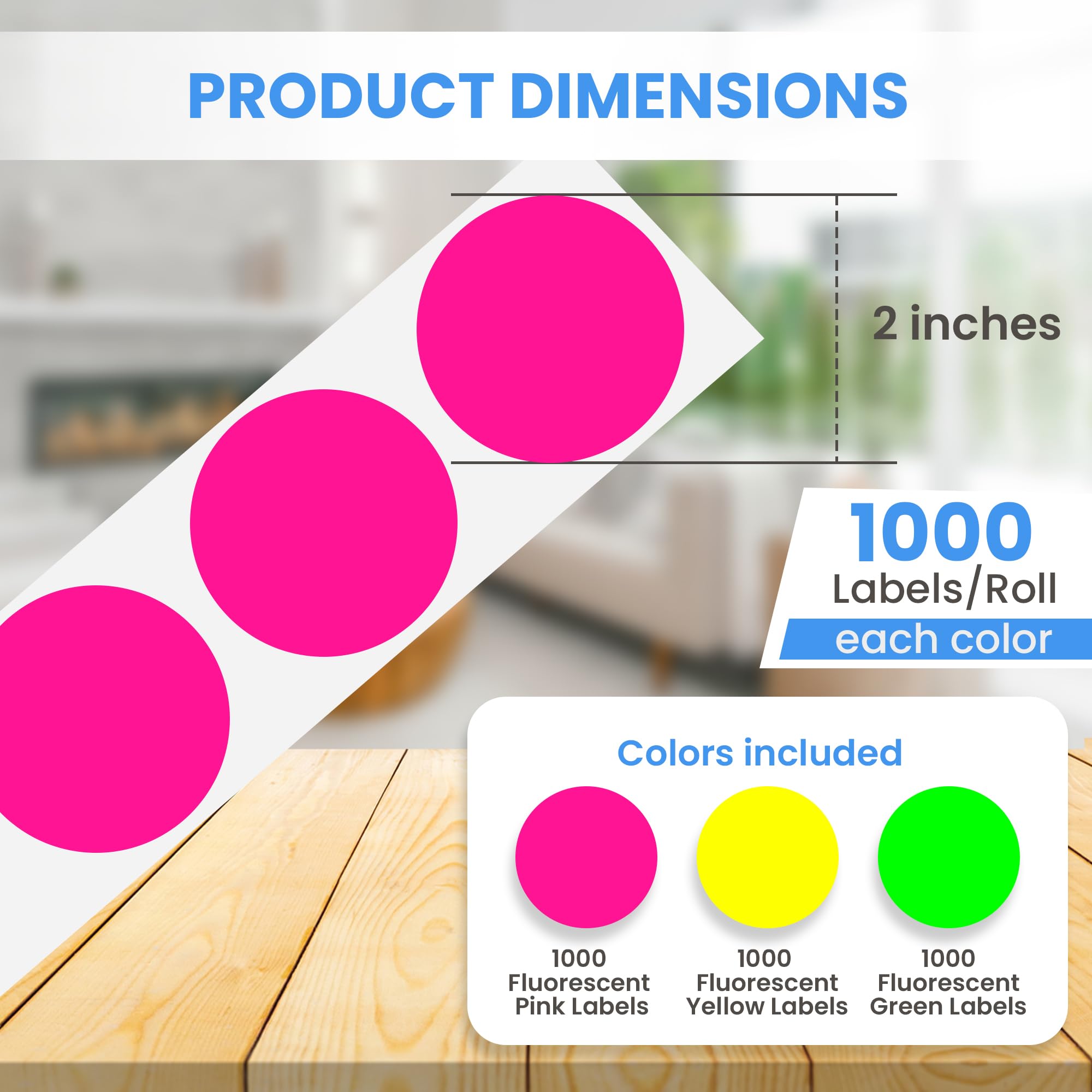 Perco Lot de 500 étiquettes autocollantes rondes à pois ronds de 5,1 cm avec adhésif permanent – Comprend 1 rouleau de chacune des couleurs fluorescentes (vert, jaune, rose) – Forte adhérence,