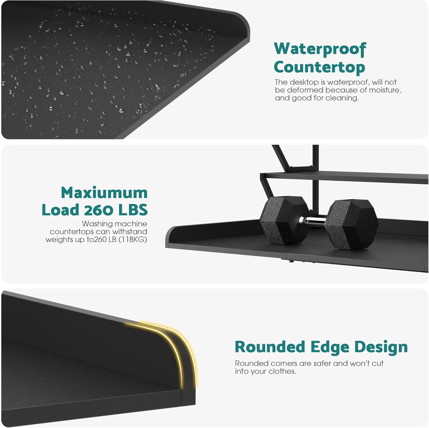 Washer Dryer Countertop with Hanging Rod, Laundry Countertop with Shelf for Laundry Room Organization, Washer Dryer Topper with Raised Edges Black